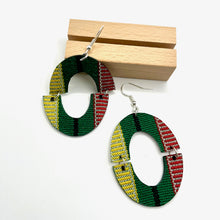 Load image into Gallery viewer, Colorful Filipino statement earrings featuring authentic Cordillera fabric and artisan craftsmanship.
