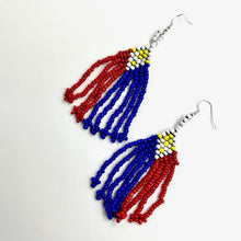 Load image into Gallery viewer, Handmade Philippine Flag Beaded Earrings featuring red, blue, white, and gold colors inspired by the Filipino flag