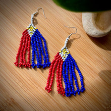 Load image into Gallery viewer, Pair of beaded tassel earrings on a wooden surface