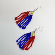 Load image into Gallery viewer, Pair of beaded earrings with red, blue, and yellow beads arrangein Philippine flag design