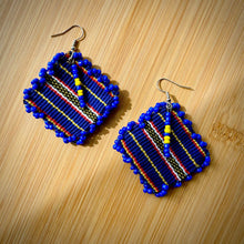 Load image into Gallery viewer, Cordillera blue fabric earrings featuring traditional Filipino textile-inspired patterns.
