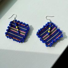 Load image into Gallery viewer, Matching pair of Peak Chic blue statement earrings inspired by Philippine Cordillera weaving tradition
