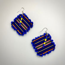 Load image into Gallery viewer, Colorful blue statement earrings made with Cordillera-inspired woven fabric.
