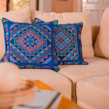 Load image into Gallery viewer, Blue Yakan tribal print geometric pillow sham in living room from Iba Accessories
