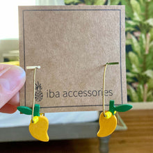 Load image into Gallery viewer, handpainted mango fruit dangling earrings on iba accessories card
