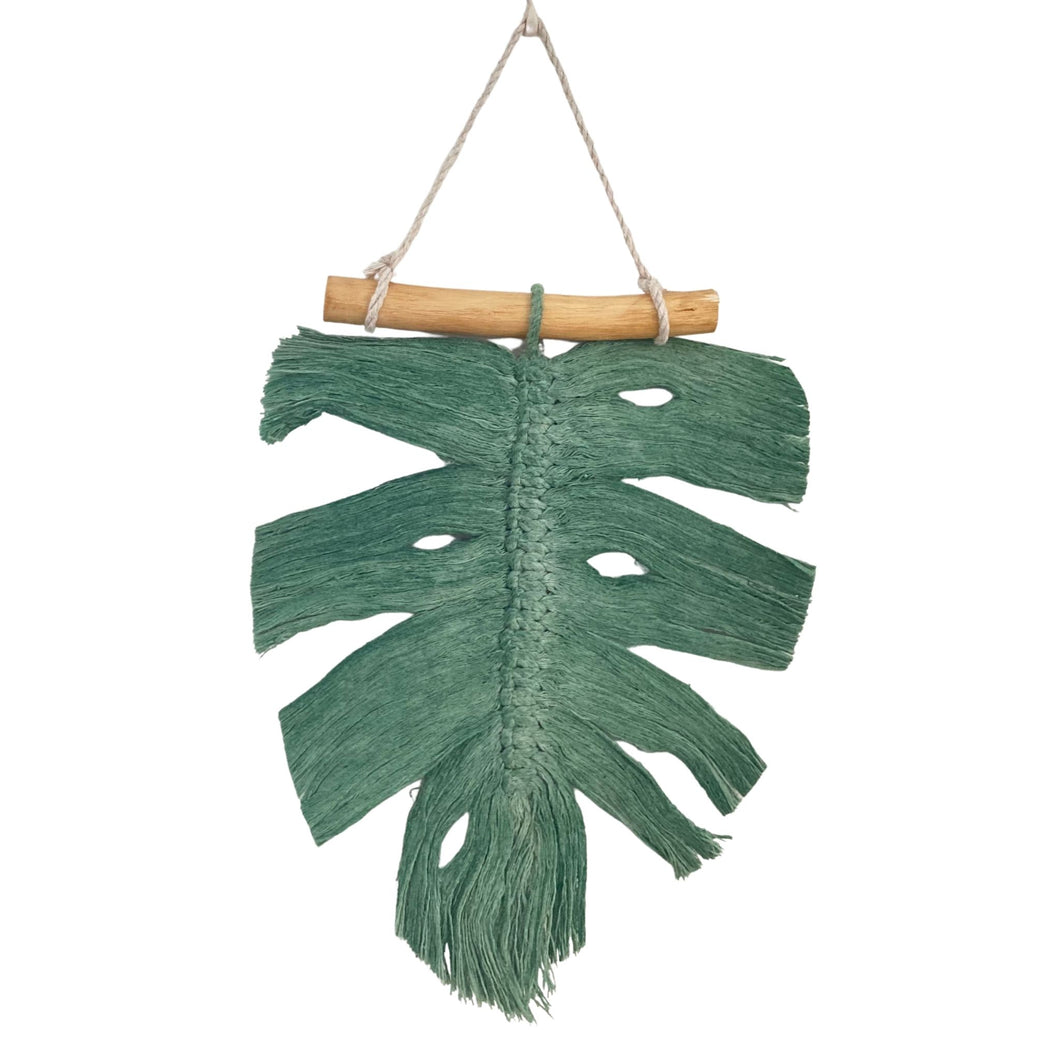 Dark green monstera macrame wall hanging decor on white background