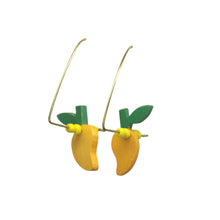 Load image into Gallery viewer, handpainted wood mango shape earrings on white background
